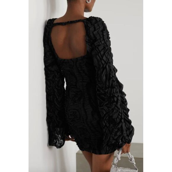 NWT Rotate Birger Christensen black Rikke ruched flocked flare sleeve mini dress - Picture 2 of 9